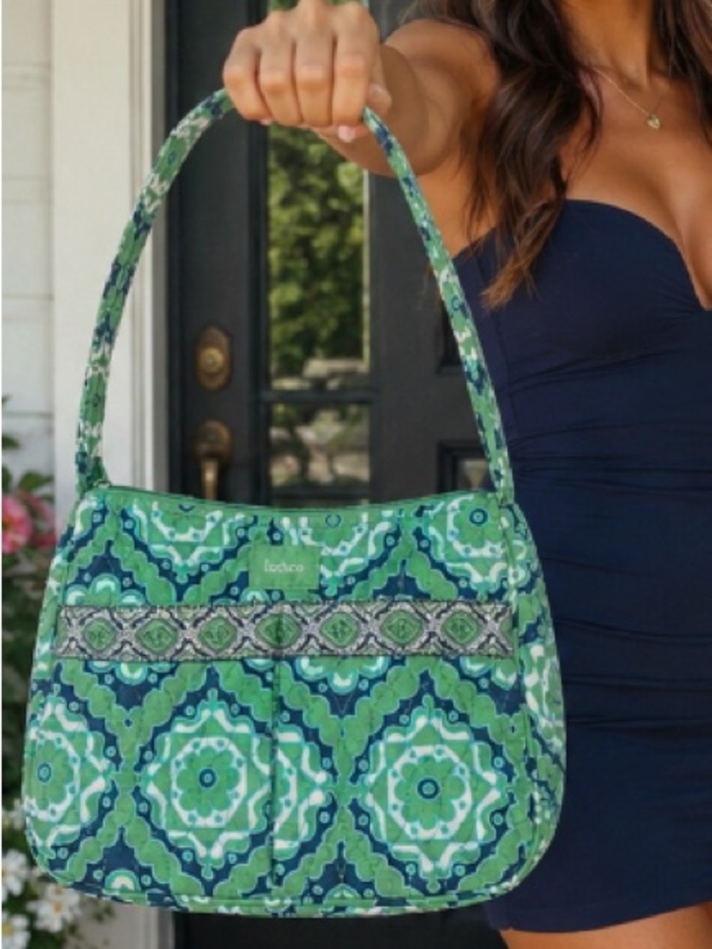 Liz & Co. Quilted Green and Navy  Pattern Shoulder Bag